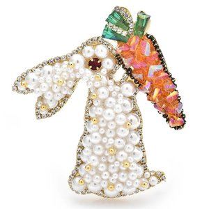 Pave Faux Pearl Bunny Easter Sunday Rabbit Carrot Dress Lapel Luxury Brooch Pin